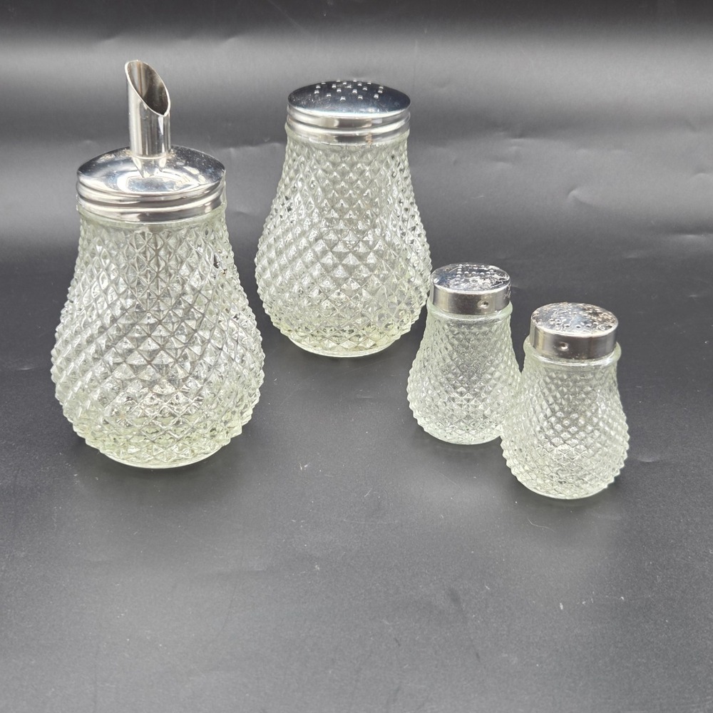 Vintage 4 Piece Diamond Point Glass Sugar, Powdered Sugar, Salt & Pepper Shakers